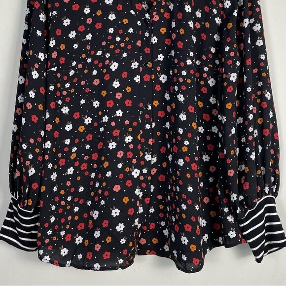 Cabi Floral Print Full Button Down Top Size XL Mixed Media Striped Jersey Cuff - Picture 3 of 9